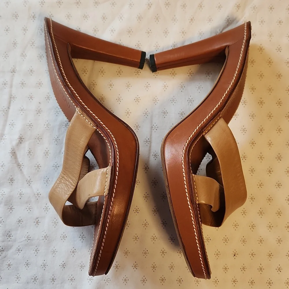 Yves Saint Laurent Tan Leather Cross-strap Heels Platform Slides Size 39/8.5